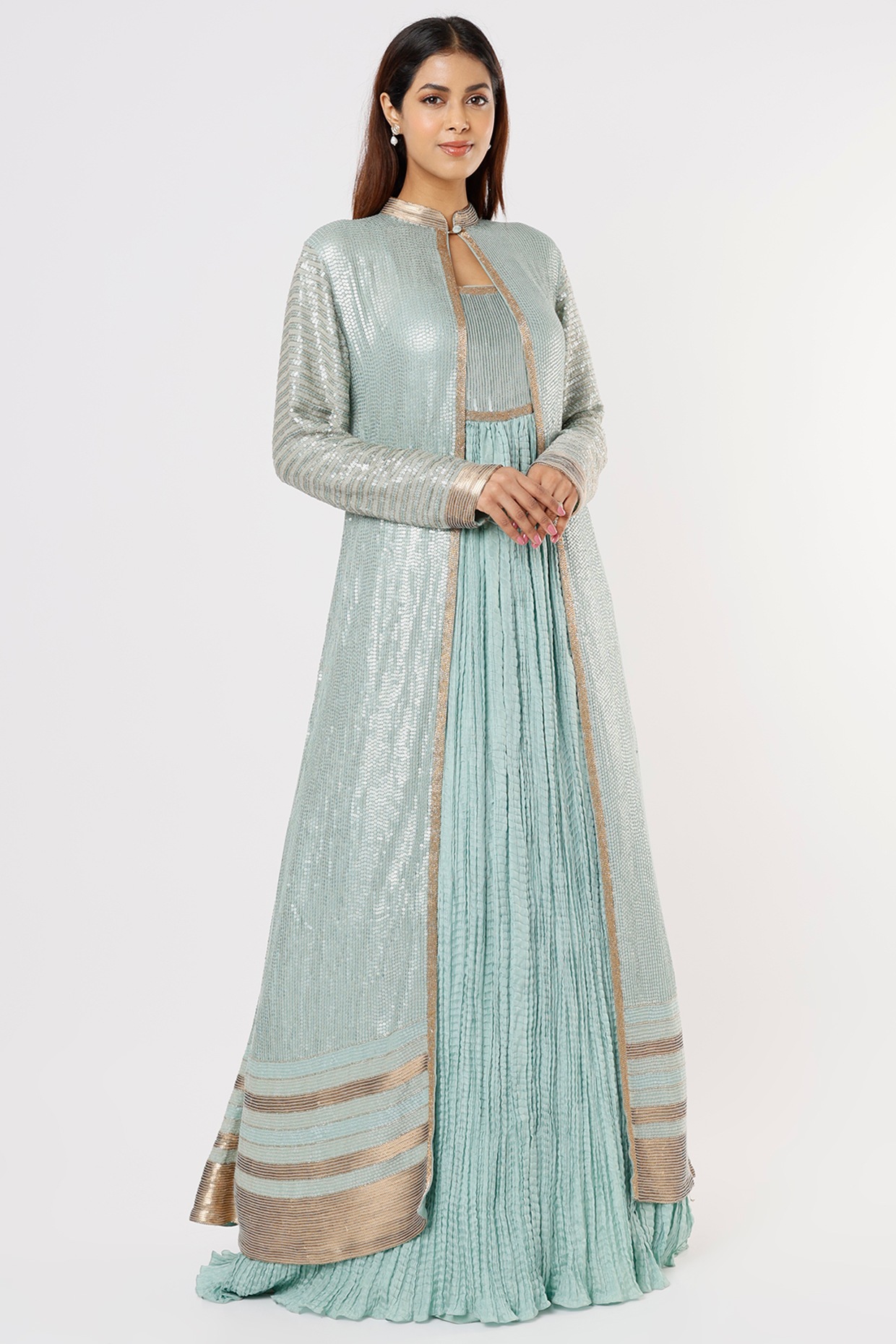 Inddus Blue Embroidered Gown with Heavy Embroidered Jacket - Absolutely Desi